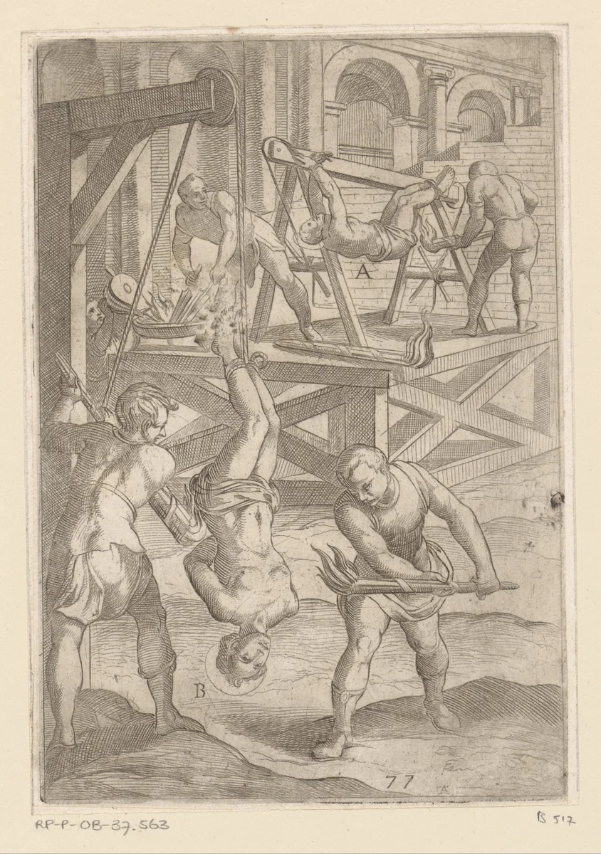 Foltering: ophanging en verbranding by Unknown, print, 1565-1630