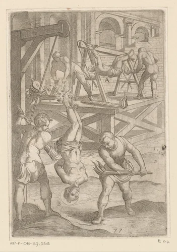 Foltering: ophanging en verbranding by Unknown, print, 1565-1630