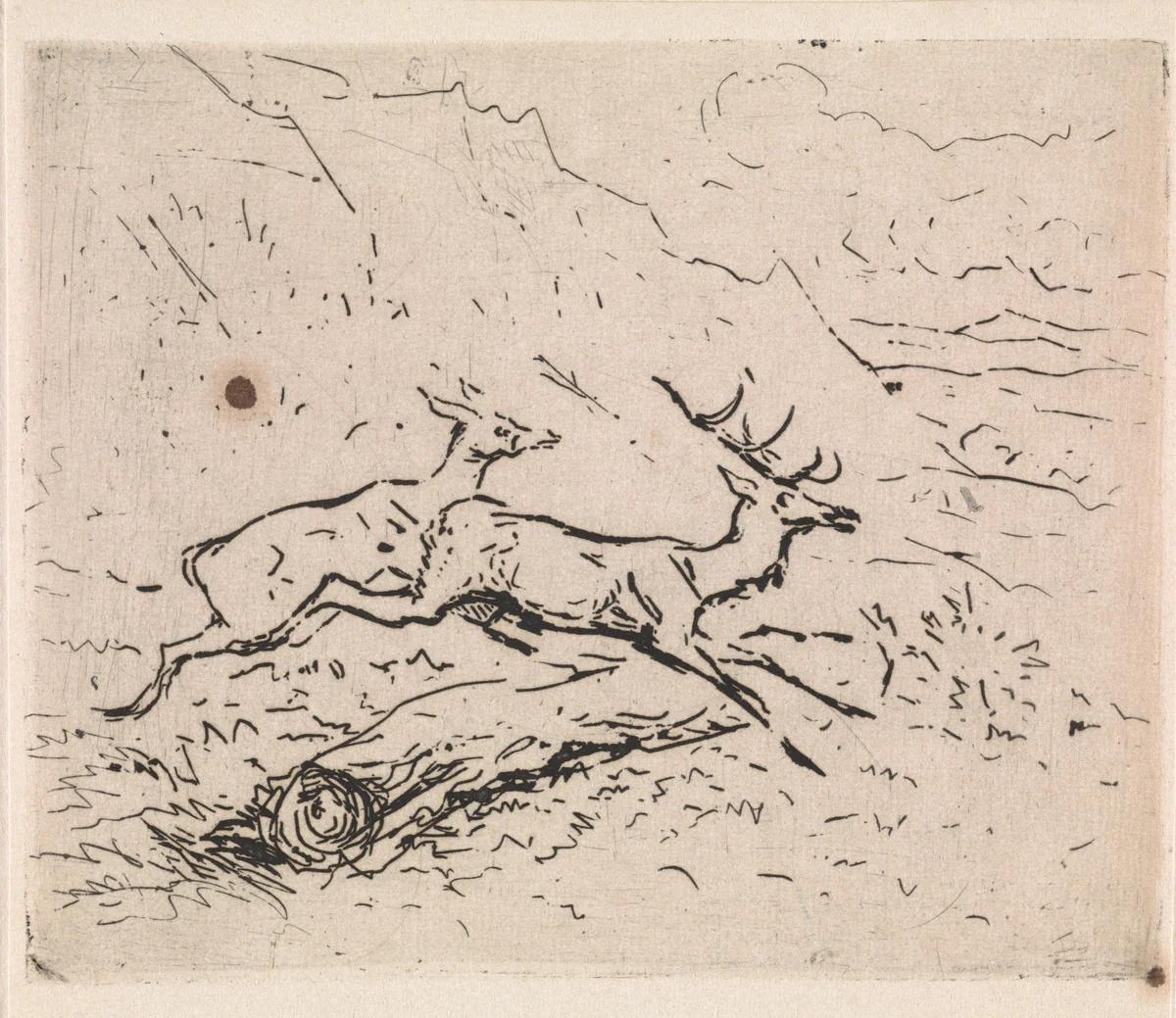 Twee lopende herten by Johannes Tavenraat, print, 1863