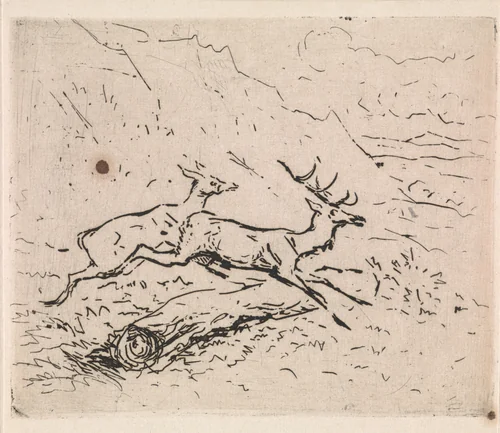 Twee lopende herten by Johannes Tavenraat, print, 1863