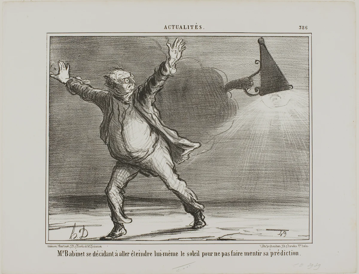 Monsieur Babinet decides to personally shut down the sun in order for his predictions to be fulfilled, plate 386 from Actualités by Honoré-Victorin Daumier, print, 1857