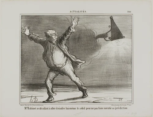 Monsieur Babinet decides to personally shut down the sun in order for his predictions to be fulfilled, plate 386 from Actualités by Honoré-Victorin Daumier, print, 1857