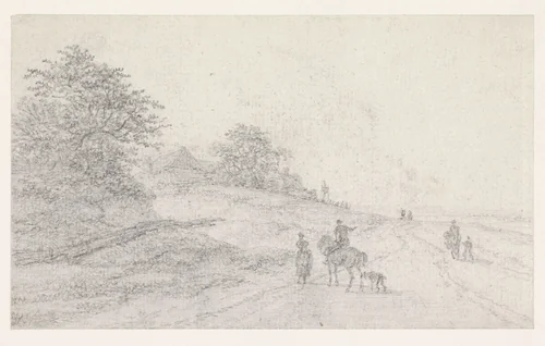 Ruiter met hond en een vrouw op een landweg by Georges Michel, drawing, 1773-1843