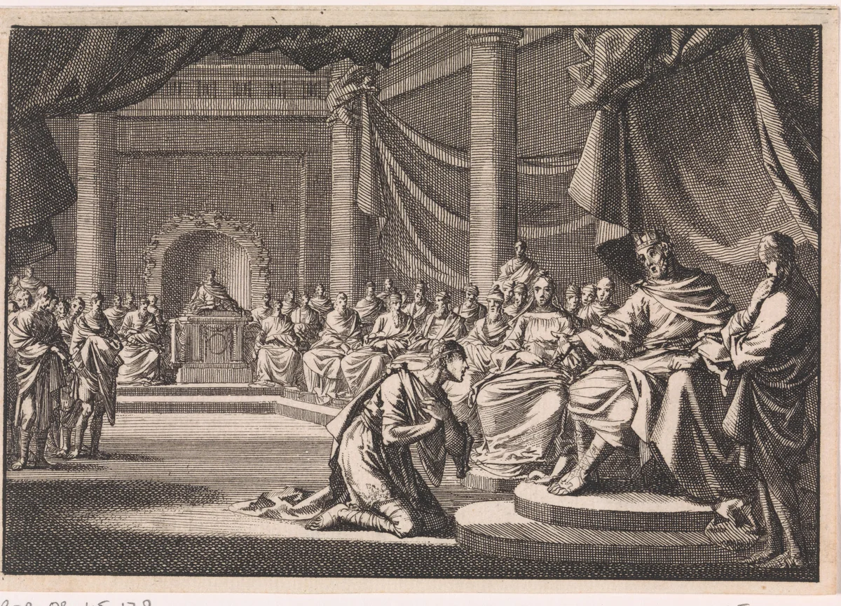 Tijdens een vergadering knielt Antipater voor zijn vader Herodes by Jan Luyken, print, 1704
