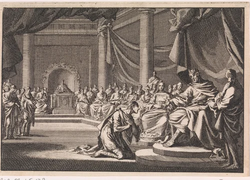 Tijdens een vergadering knielt Antipater voor zijn vader Herodes by Jan Luyken, print, 1704