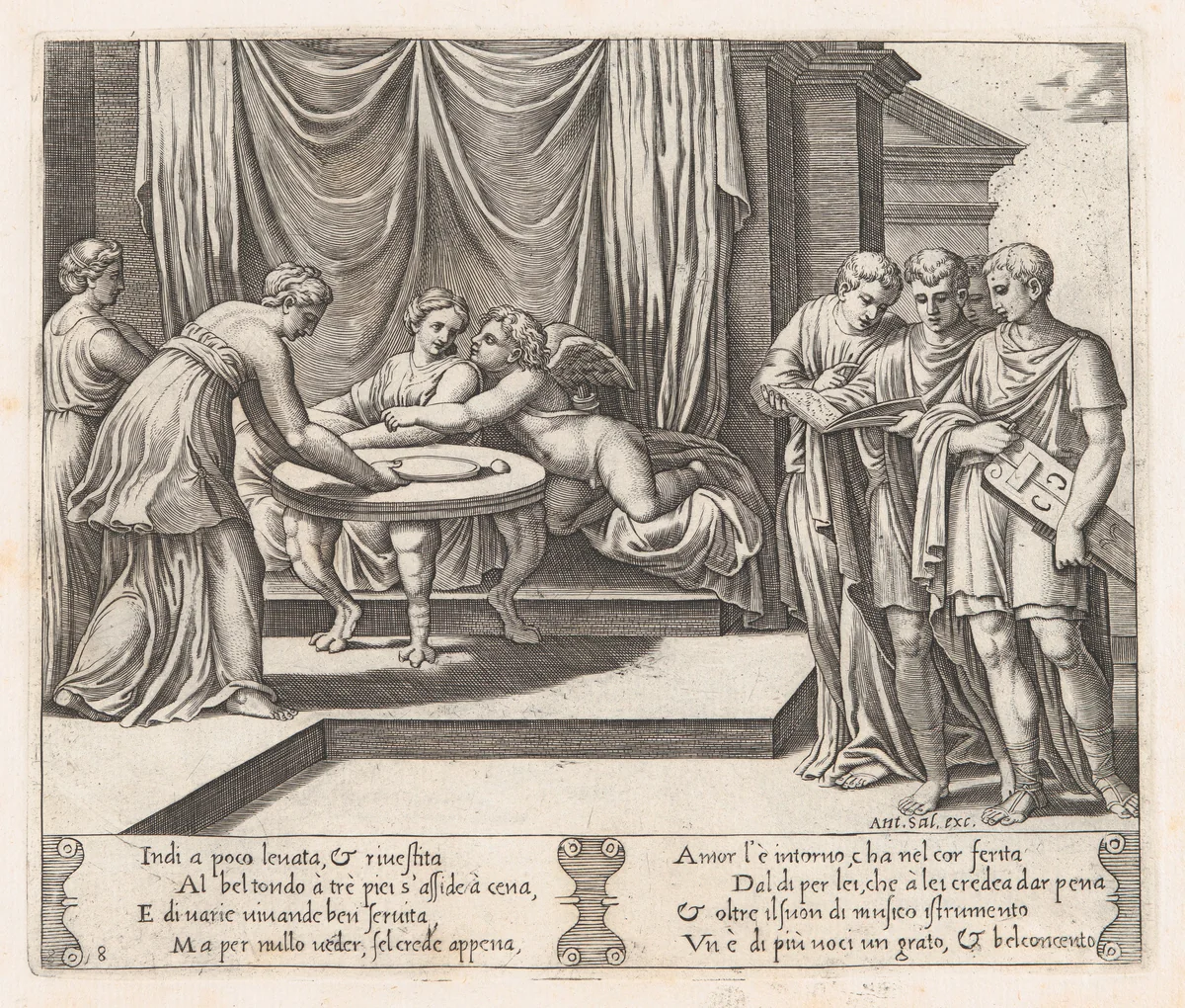 Plate 8: Psyche seated at a table attended by invisible servants, as Cupid rests his head on her shoulder, at right four men standing singing from an open book, one playing a lute, from "The Story of Cupid and Psyche as told by Apuleius" by Master of the Die, print, 1530-1560
