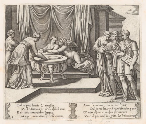 Plate 8: Psyche seated at a table attended by invisible servants, as Cupid rests his head on her shoulder, at right four men standing singing from an open book, one playing a lute, from "The Story of Cupid and Psyche as told by Apuleius" by Master of the Die, print, 1530-1560