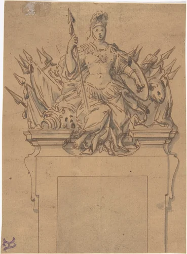 Design for an Overdoor or Chimney Piece with an Armorial Trophy and the Figure of Minerva by anonymous, drawing, 1700-1799