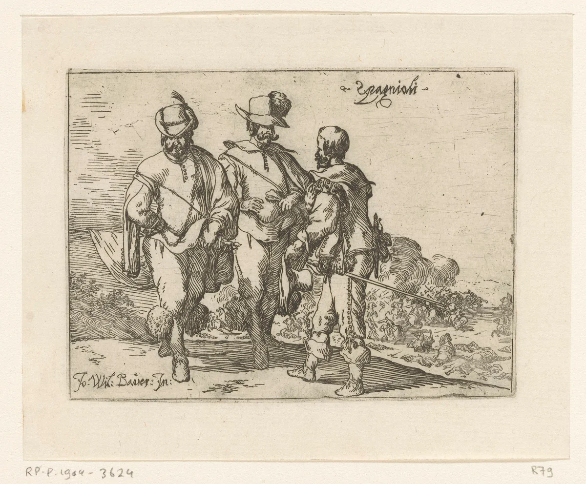 Drie Spanjaarden, een veldslag in de achtergrond by Johann Wilhelm Baur, print, 1636