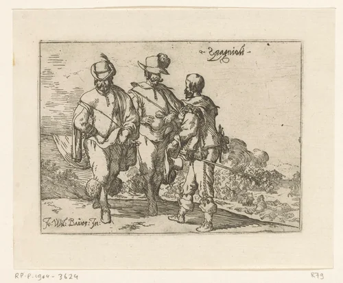 Drie Spanjaarden, een veldslag in de achtergrond by Johann Wilhelm Baur, print, 1636