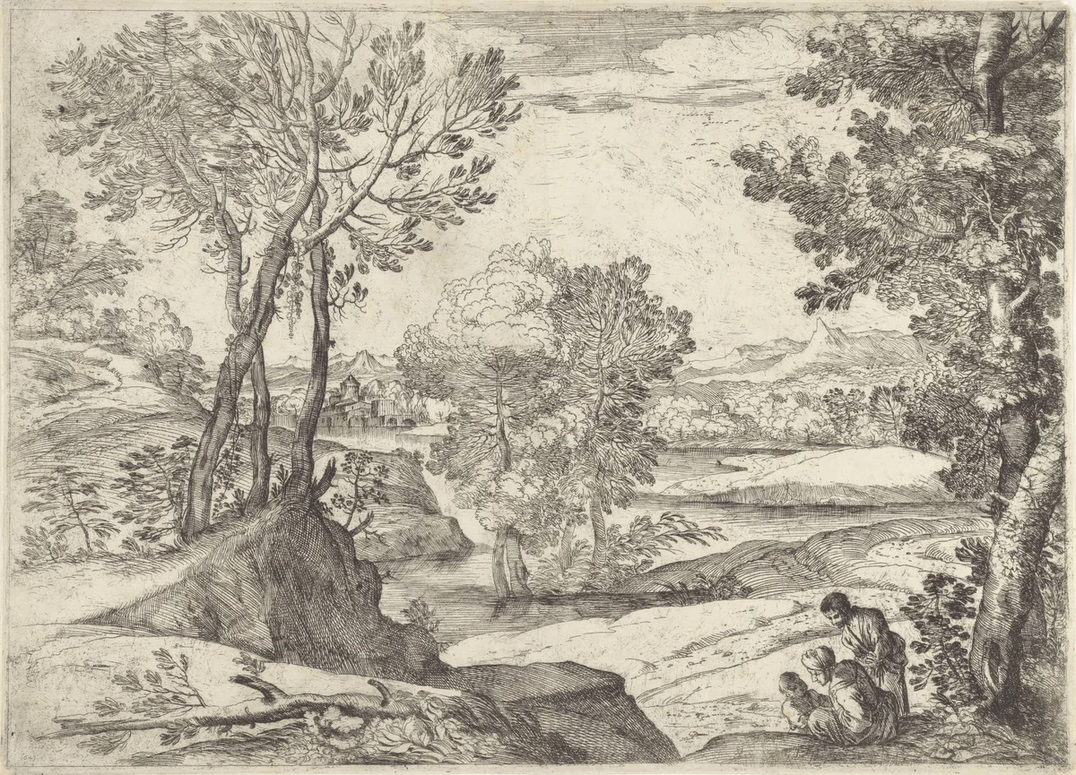 Landschap met een vrouw, man en kind by Giovanni Francesco Grimaldi, print, 1643