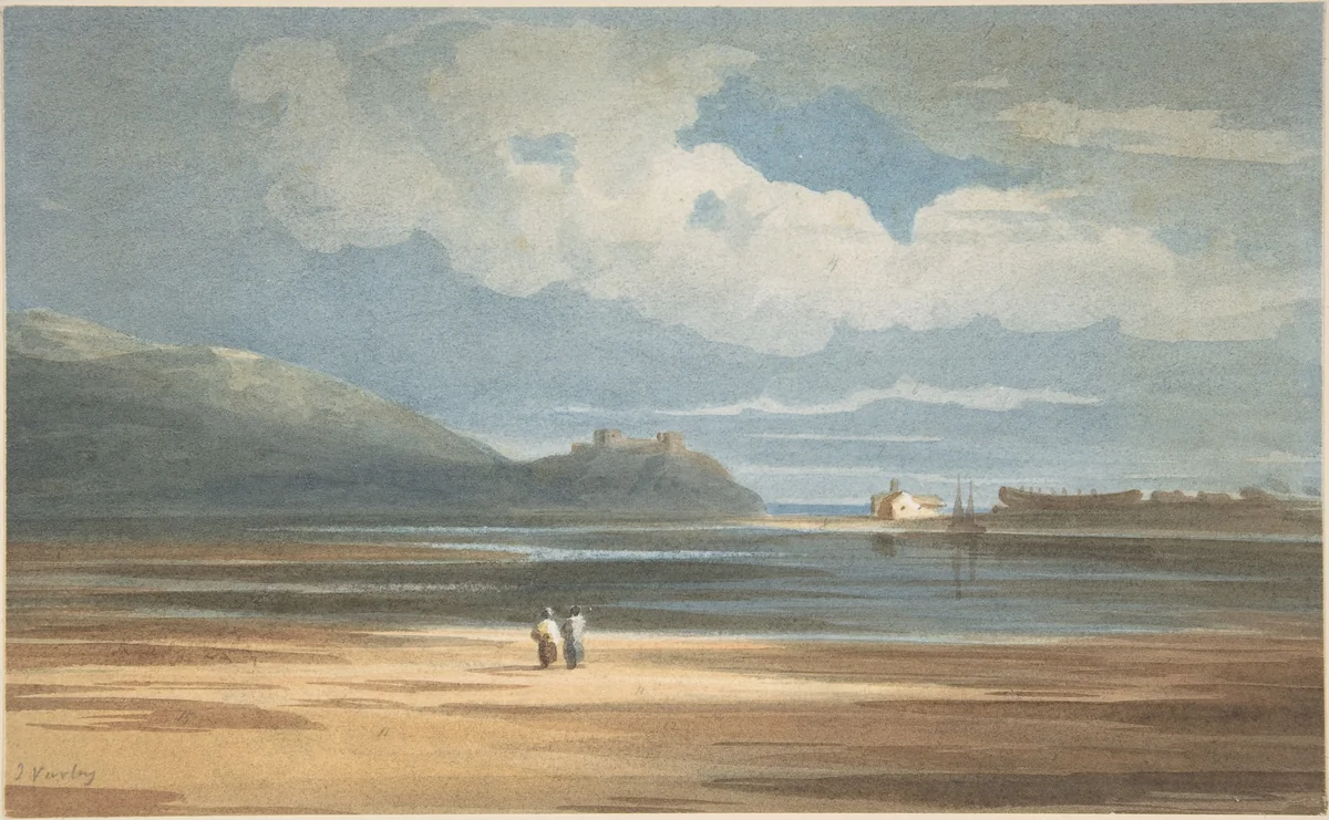 Harlech Castle across the Traeth Mawr by John Varley, drawing, 1800-1842
