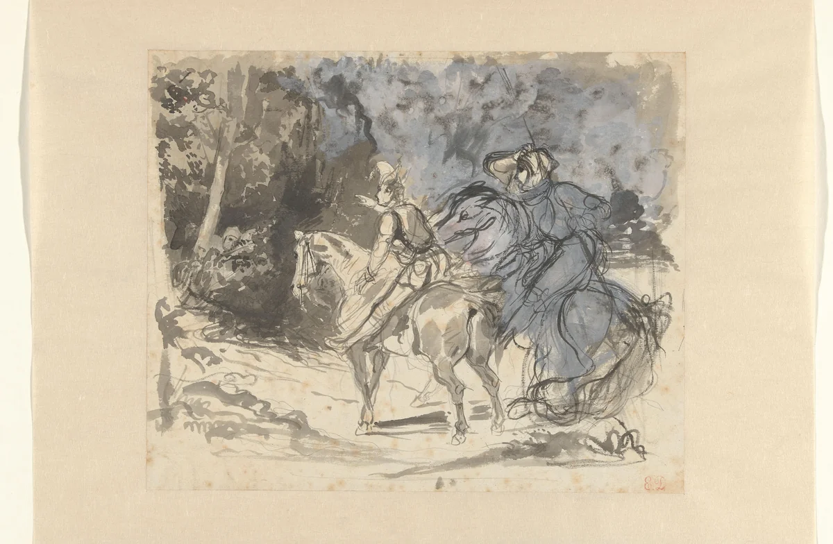 Richard en Wamba zien de mannen van Jan Zonder Land by Eugène Delacroix, drawing, 1808-1829