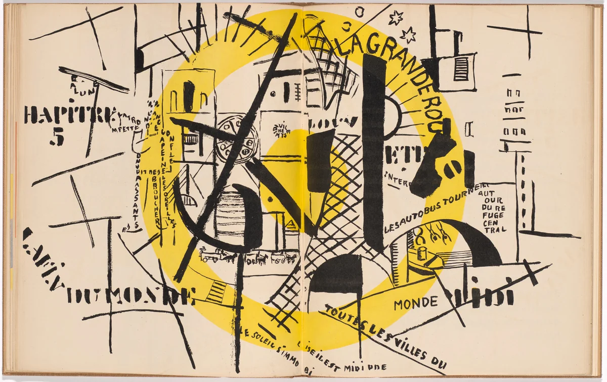 Double page plate (folios 17 verso and 18) from La Fin du monde filmée par l'ange de N.-D. (The End of the World Filmed by the Angel of Notre Dame) by Fernand Léger, illustrated book, 1919