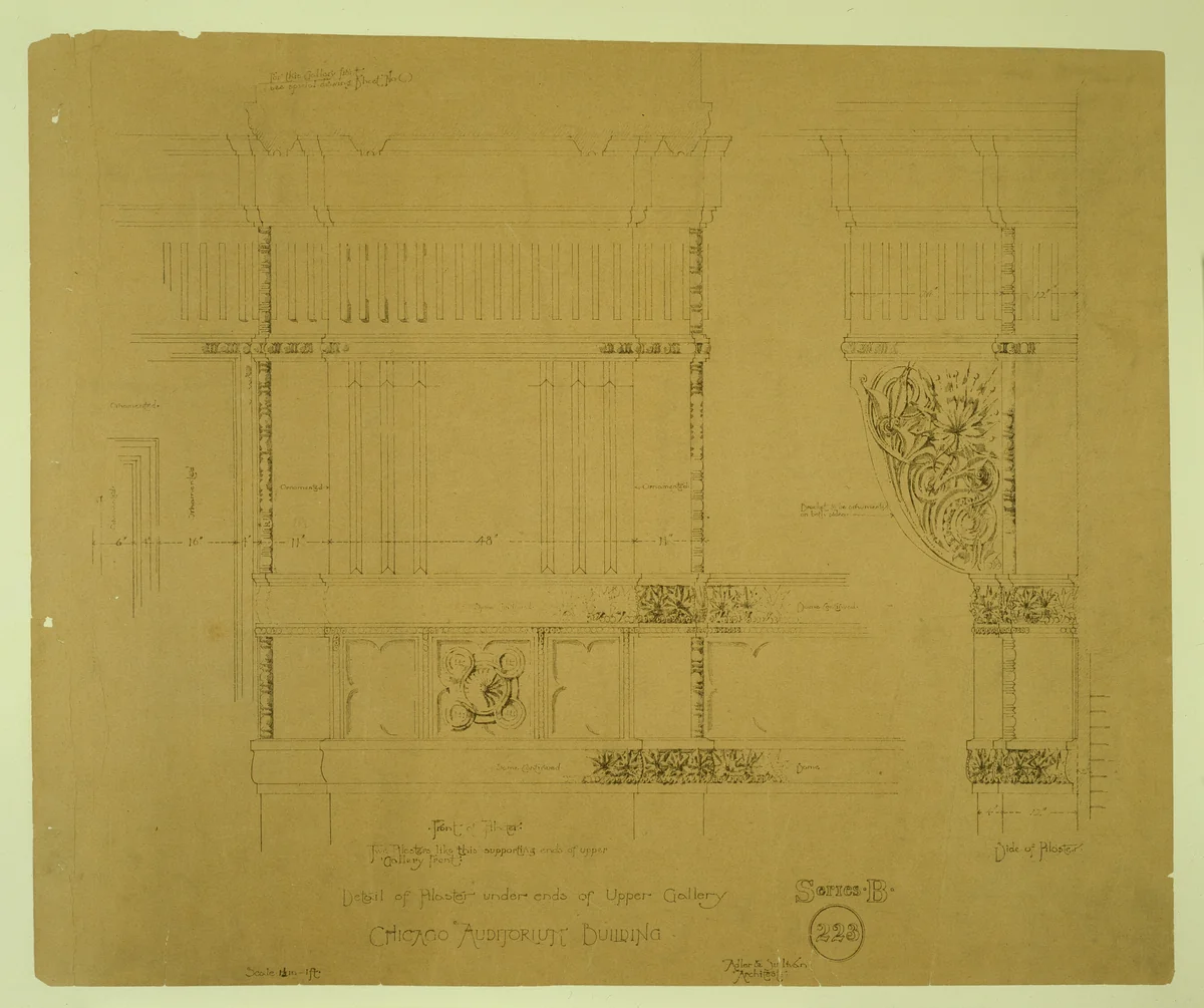 Auditorium Building, Chicago, Illinois, Ornamental Plaster Work, Pilaster Details by Adler and Sullivan, drawing, 1886-1889