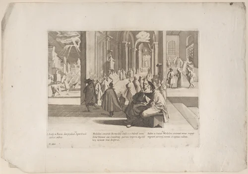 Episode 19: Saint Bernardino's cousin's soul appears to him at her death, while he is preaching; Episode 20: Saint Bernardino aids those held captive; Episode 21: Saint Bernardino reforms the wicked, from "The Life of Saint Bernardino of Siena" by Bernardino Capitelli, print, 1610-1639