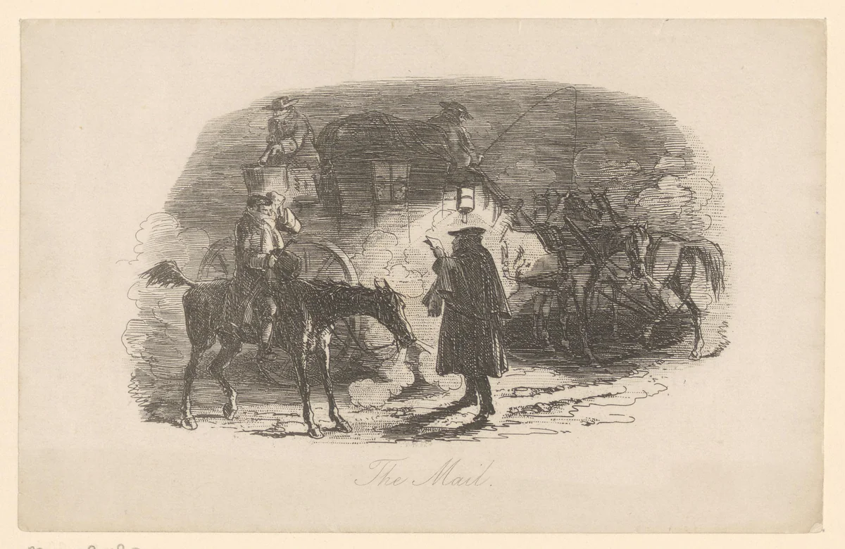Man leest een brief bij het licht van een lantaarn voor een koets by Hablot Knight Browne, print, 1859