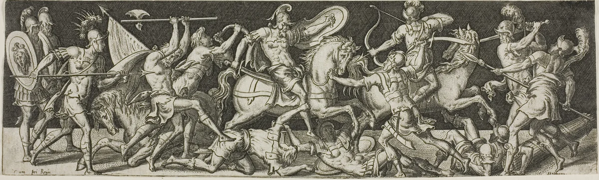 Cavalry and Footsoldiers by Etienne Delaune, print, 1540-1583