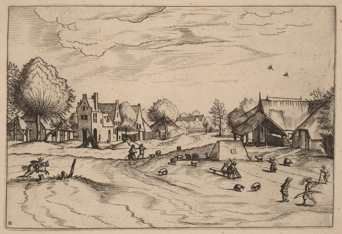 Country Village with Sheep and Sitting Shepherd by Johannes van Doetechum; Lucas van Doetechum; Master of the Small Landscapes, print, 1676