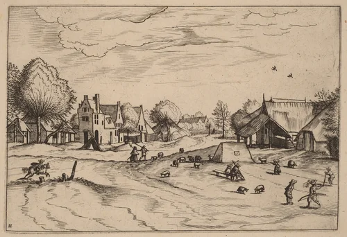 Country Village with Sheep and Sitting Shepherd by Johannes van Doetechum; Lucas van Doetechum; Master of the Small Landscapes, print, 1676
