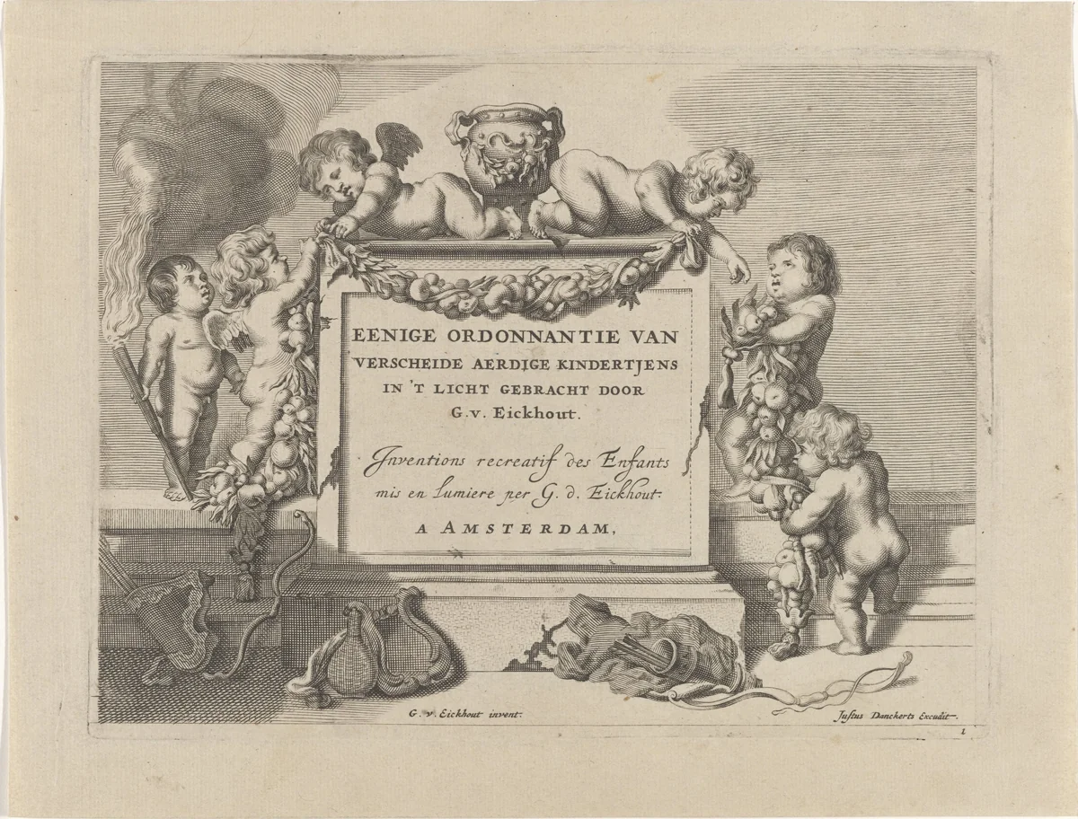 Putti versieren een monument met guirlandes by anonymous, print, 1645-1701