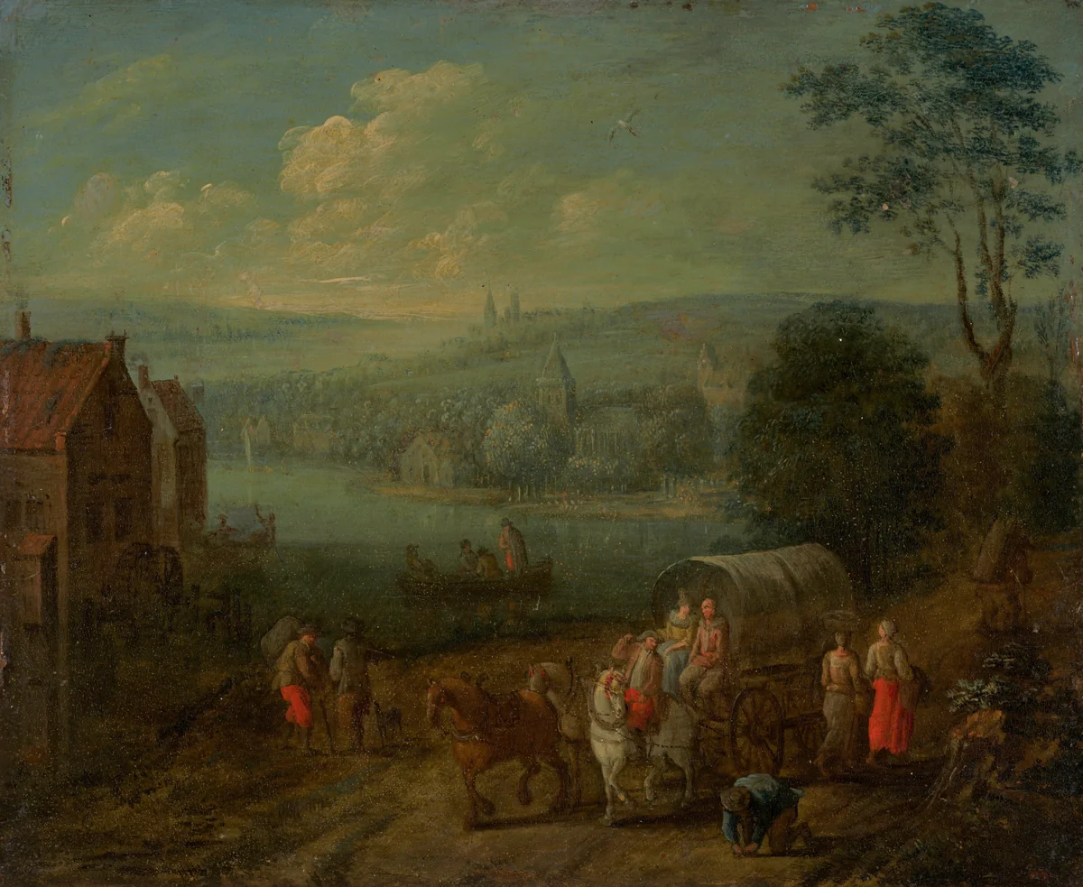 River Landscape with Villages and Travelers [verso] by Peeter Gysels, technical material, 1675-1685