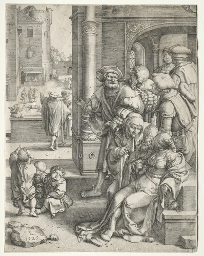 The Poet Virgil Suspended in a Basket by Lucas van Leyden, print, 1525