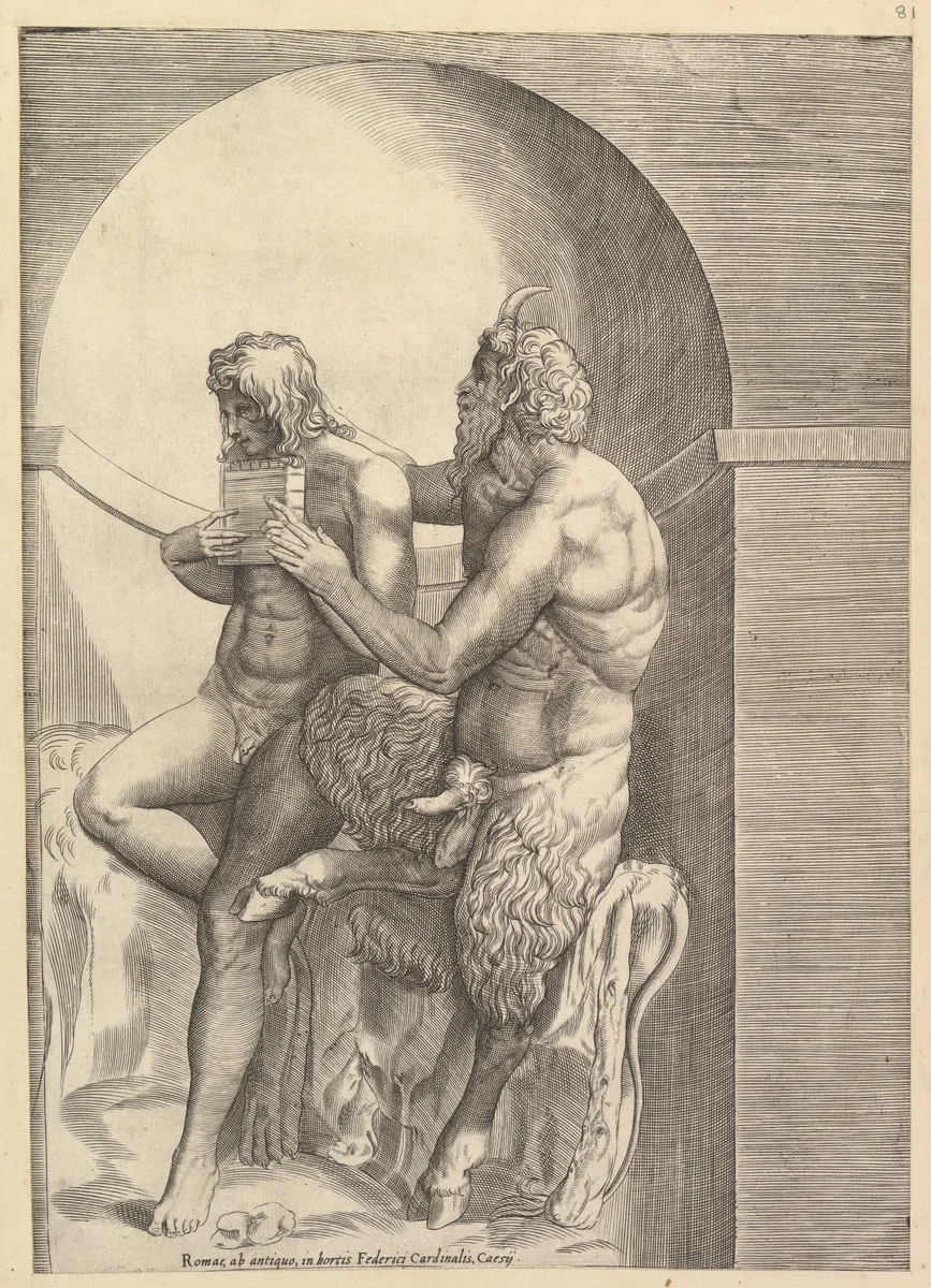 Pan Teaching the Young Olympus to Play the Flute, from "Speculum Romanae Magnificentiae" by anonymous, print, 1535-1585