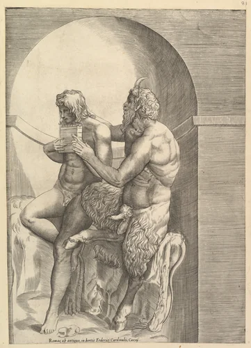 Pan Teaching the Young Olympus to Play the Flute, from "Speculum Romanae Magnificentiae" by anonymous, print, 1535-1585