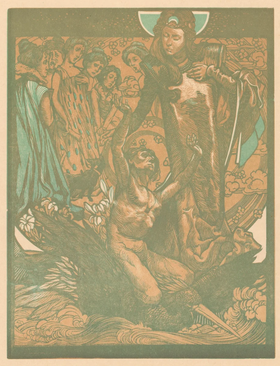 Vrouwenfiguren met man op rug van vogel by Johannes Josephus Aarts, print, 1881-1934