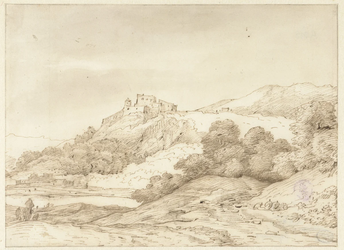 Bergachtig landschap met een kasteel op een heuvel by Jacob Esselens, drawing, 1636-1687
