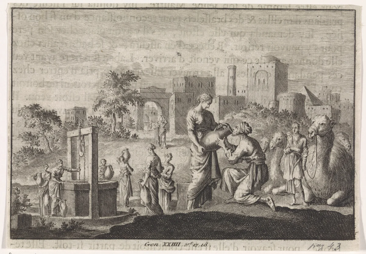 Rebekka en Eliëzer bij de bron by Jan Luyken, print, 1703-1762