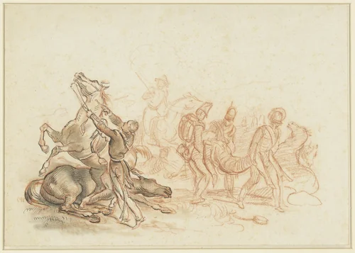 Oorlogstafereel in Spanje: een gekwetst paard wordt met een pistoolschot afgemaakt by Horace Vernet, drawing, 1799-1863