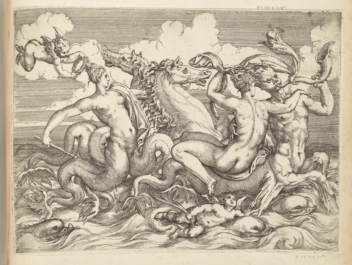 A Nereid Riding a Sea Centaur Accompanied by Other Sea Creatures by Angiolo Falconetto, print, 1535-1545
