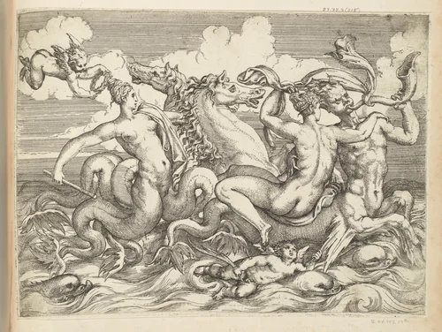 A Nereid Riding a Sea Centaur Accompanied by Other Sea Creatures by Angiolo Falconetto, print, 1535-1545