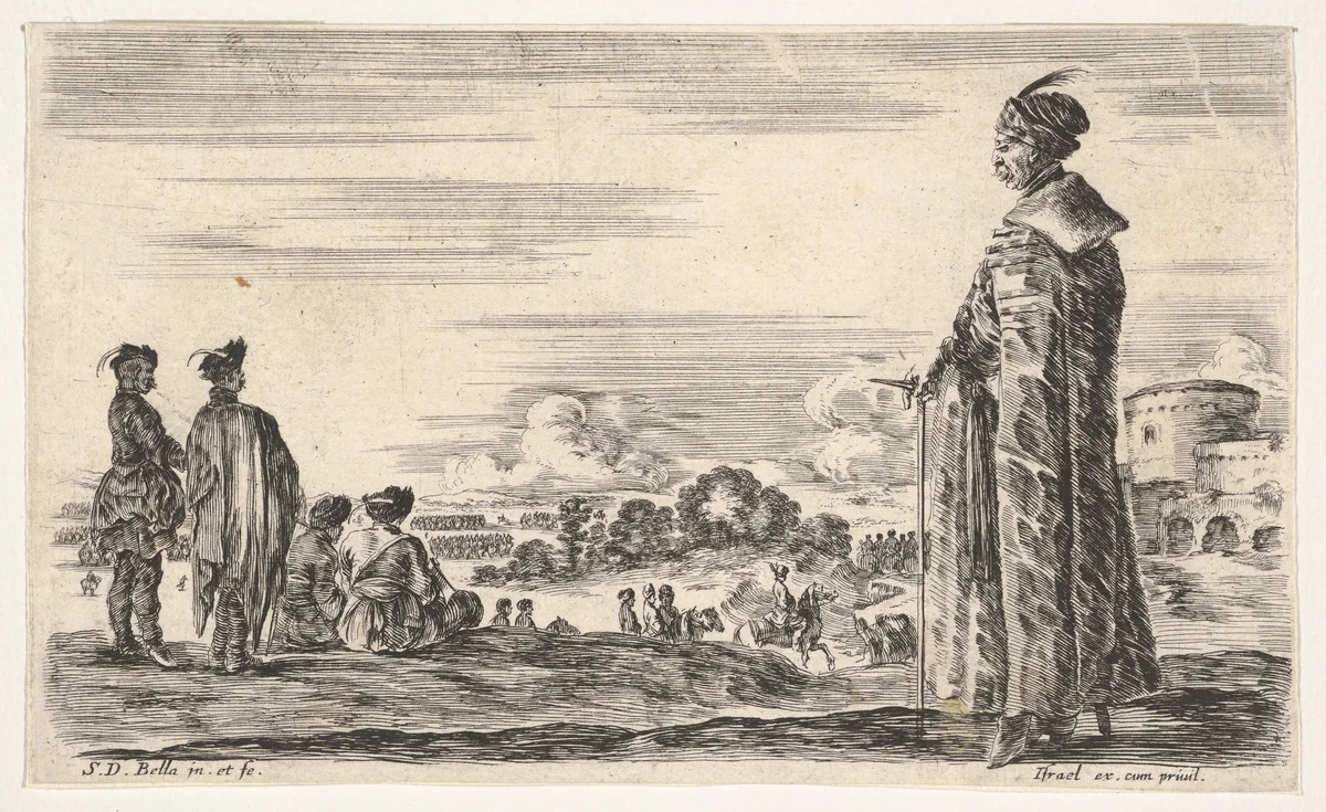 A Polish man in a long robe standing at right in profile, facing left, other Polish men to left, groups of horsemen to left in background and a castle to right in background, from "Various figures and lands" (Diverse figure e paesi) by Stefano della Bella, print, 1649