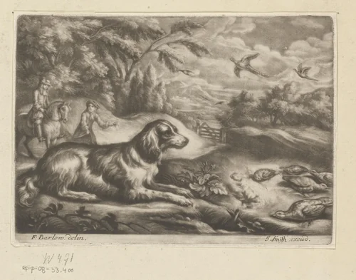 Jachthond in een landschap by John Smith, print, 1662-1742