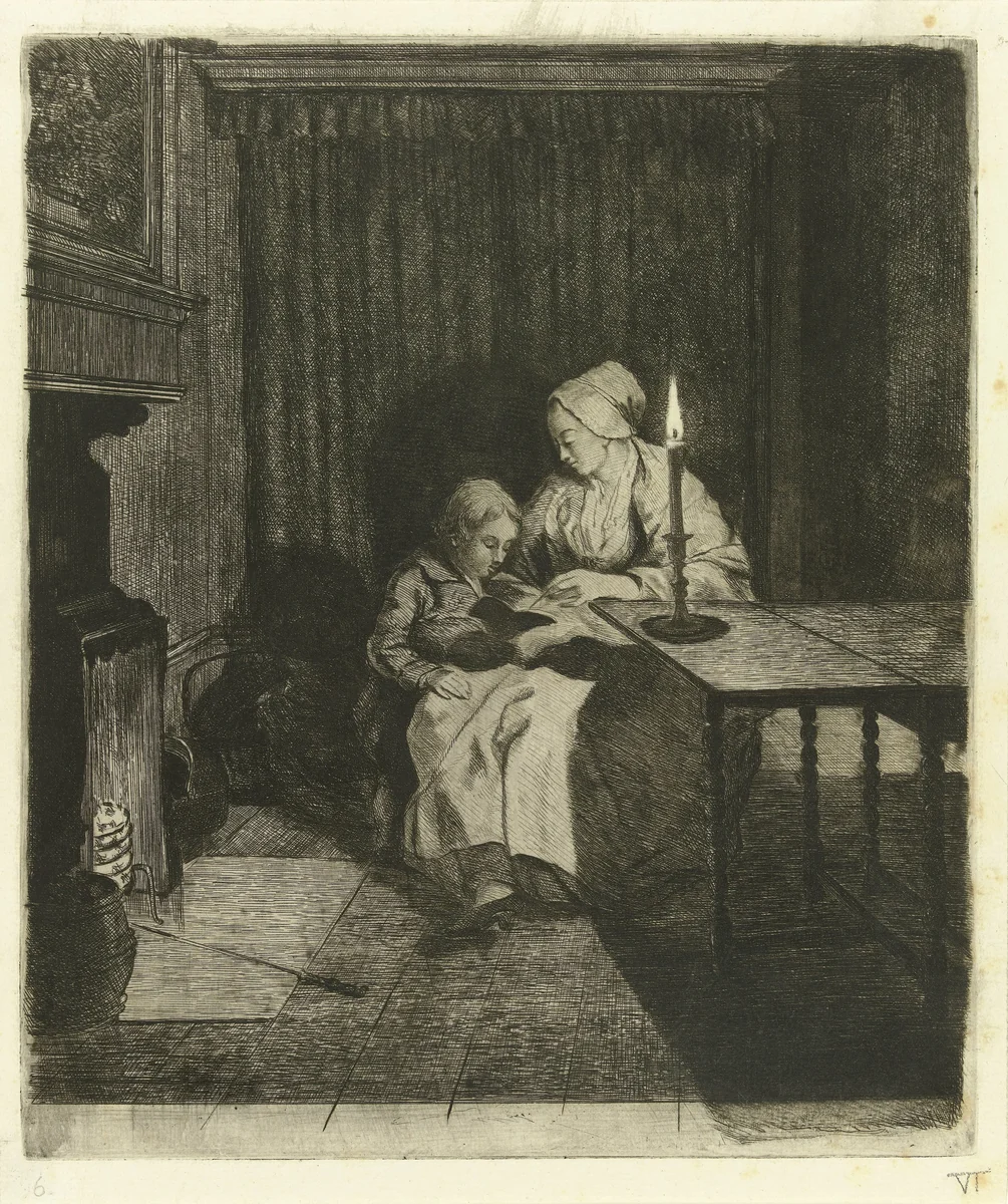 Moeder geeft haar zoon les by Louis Bernard Coclers, print, 1756-1817