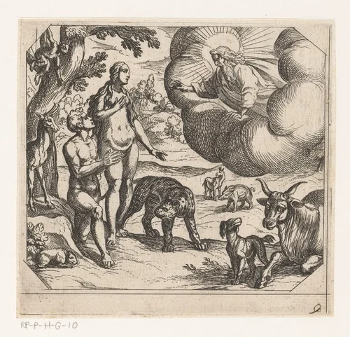 Adam en Eva in het paradijs geplaatst by Antonio Tempesta, print, 1565-1630