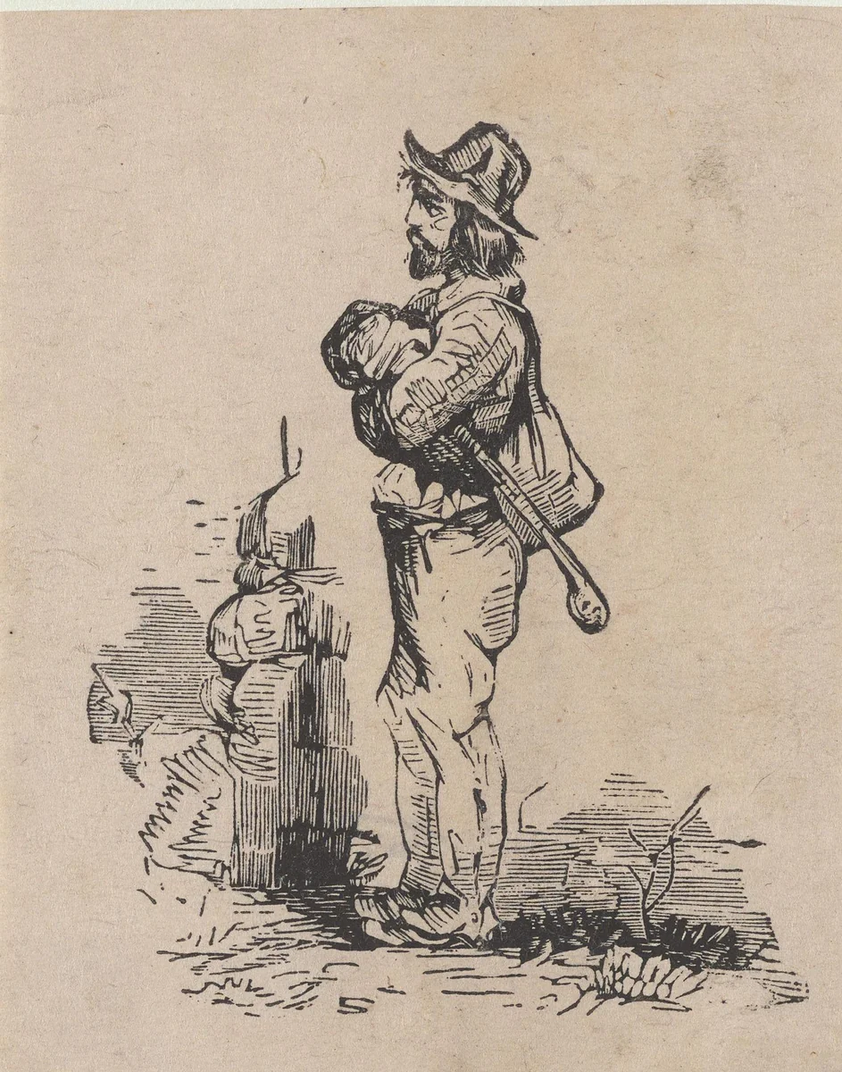 Man met een zak onder zijn arm bij een stenen muur by Isaac Weissenbruch, print, 1836-1912