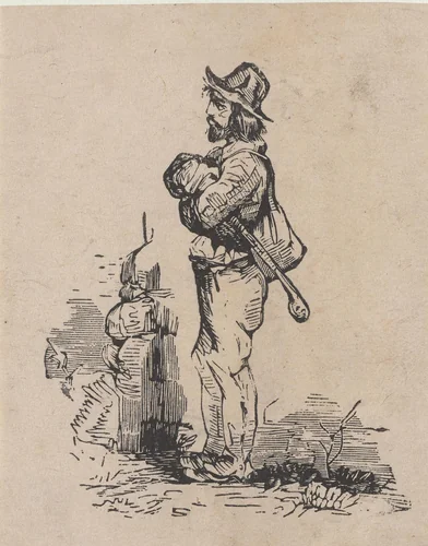 Man met een zak onder zijn arm bij een stenen muur by Isaac Weissenbruch, print, 1836-1912