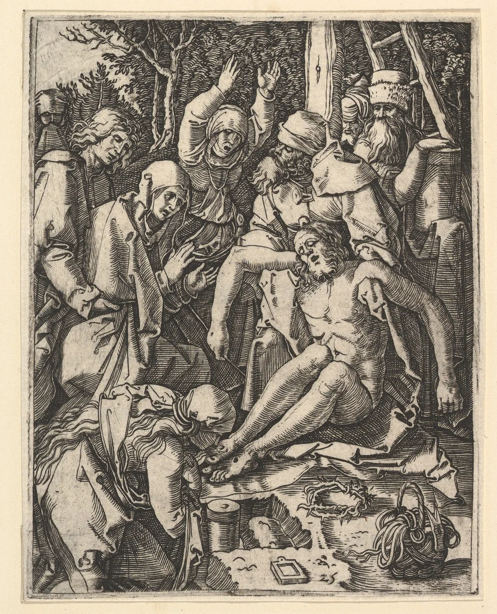 The Deposition; Christ being taken from the Cross, a man on a ladder is holding the body while St John is supporting the weight with a cloth rope, from "The Passion of Christ", after Dürer by Marcantonio Raimondi, print, 1495-1539