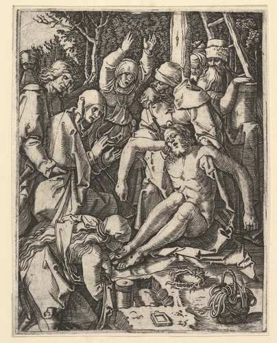 The Deposition; Christ being taken from the Cross, a man on a ladder is holding the body while St John is supporting the weight with a cloth rope, from "The Passion of Christ", after Dürer by Marcantonio Raimondi, print, 1495-1539
