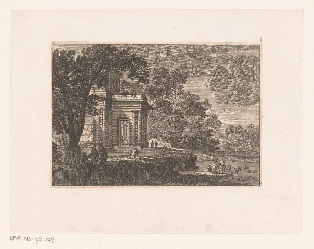 Landschap met links antiek bouwsel by Nicolas Perelle, print, 1613-1695