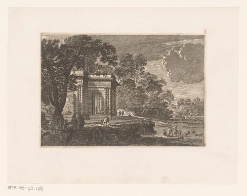 Landschap met links antiek bouwsel by Nicolas Perelle, print, 1613-1695