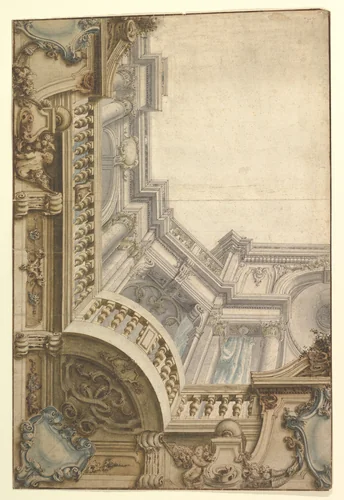 Design for Corner of Painting Ceiling with architectural perspective by anonymous, drawing, 1700-1780