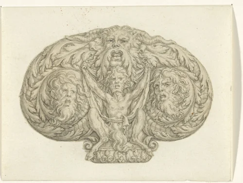 Zittende sater tussen drie koppen en bladmotieven by Heinrich Aldegrever, drawing, 1512-1558