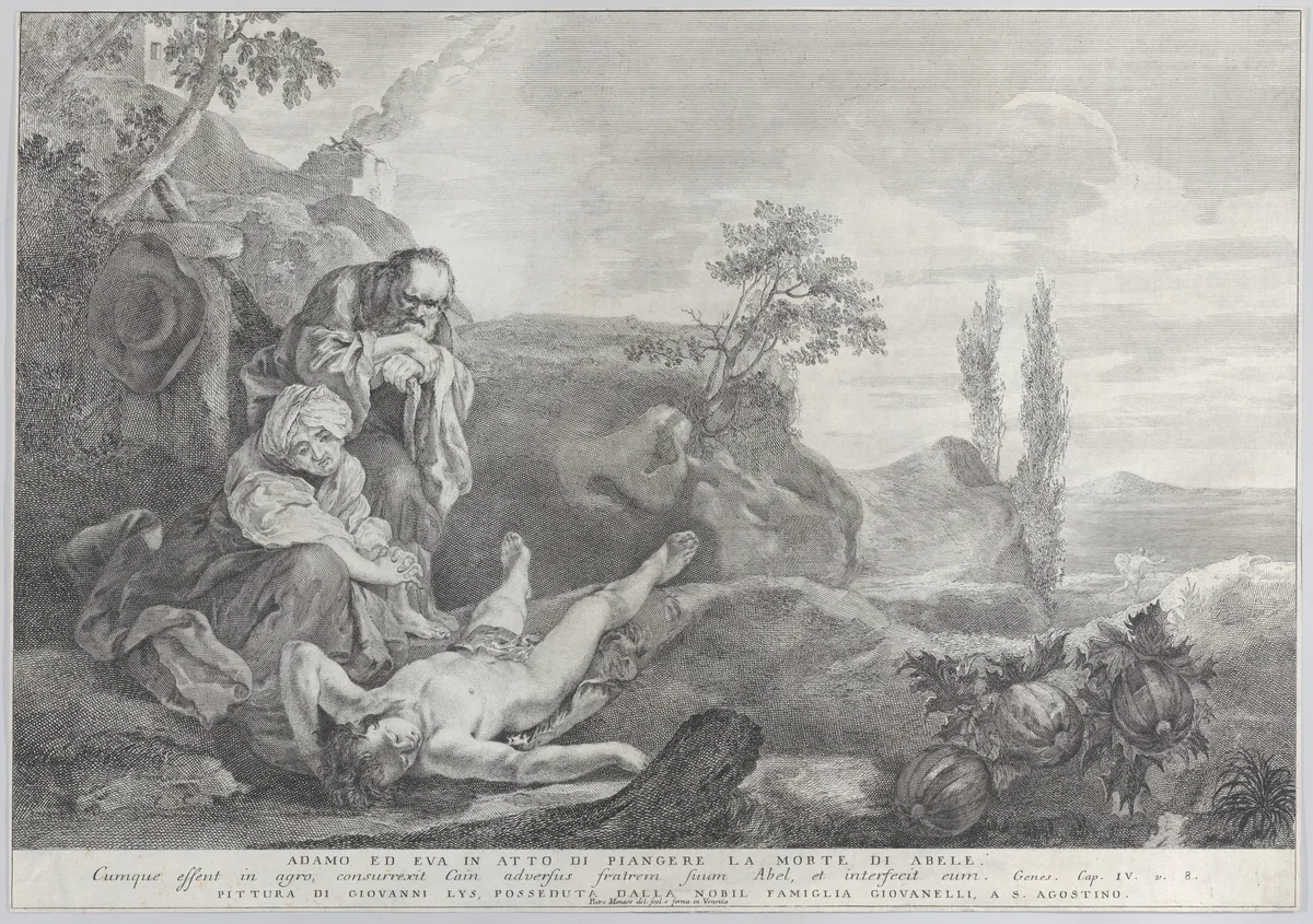 Adam and Eve at left, as an elderly couple, mourning over the corpse of Abel who lies in front of them as Cain disappears in the distance at right by Pietro Monaco, print, 1743-1763