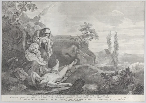 Adam and Eve at left, as an elderly couple, mourning over the corpse of Abel who lies in front of them as Cain disappears in the distance at right by Pietro Monaco, print, 1743-1763