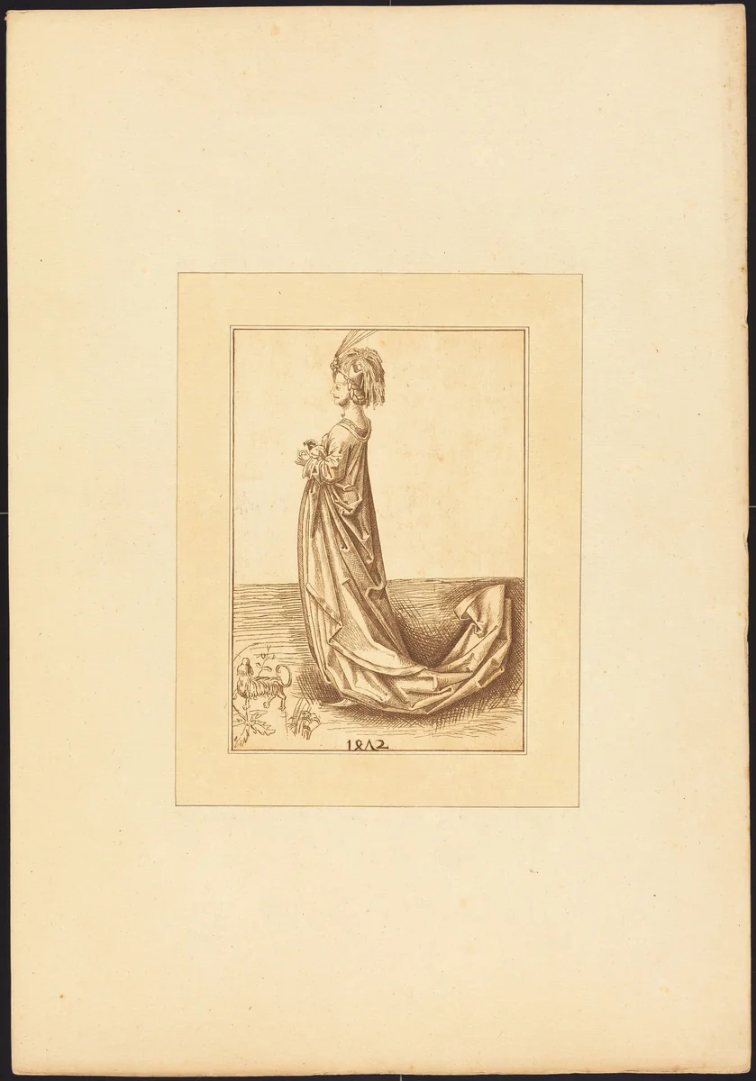 A Lady in a Long Dress by Maria Catharina Prestel; Martin Schongauer, portfolio, 1780